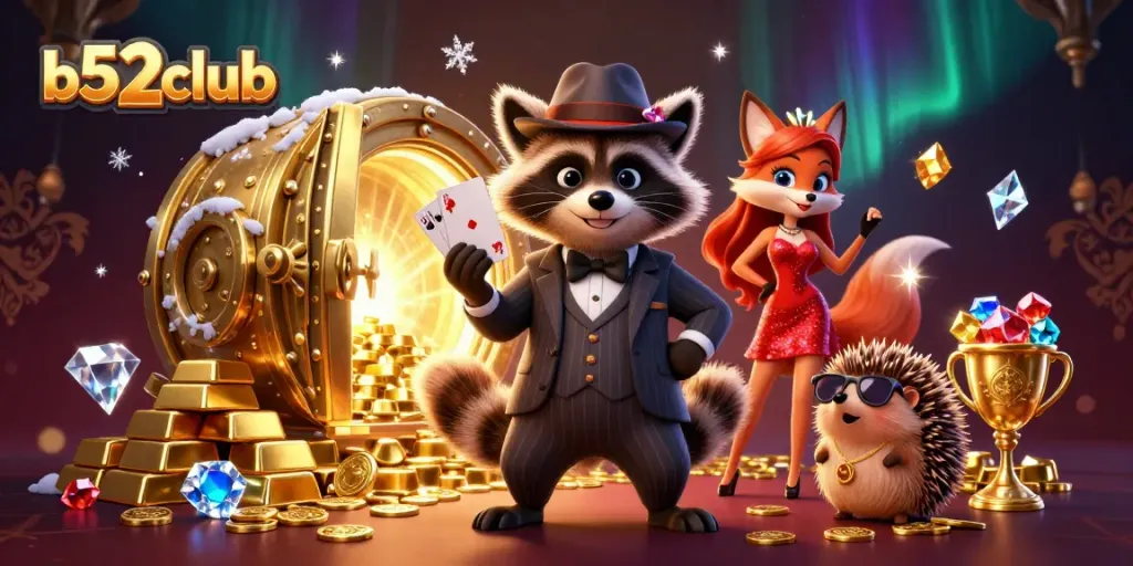 b52club showcases a lively casino scene with a suave raccoon, glamorous fox, and bouncer in vibrant 3D illustration.