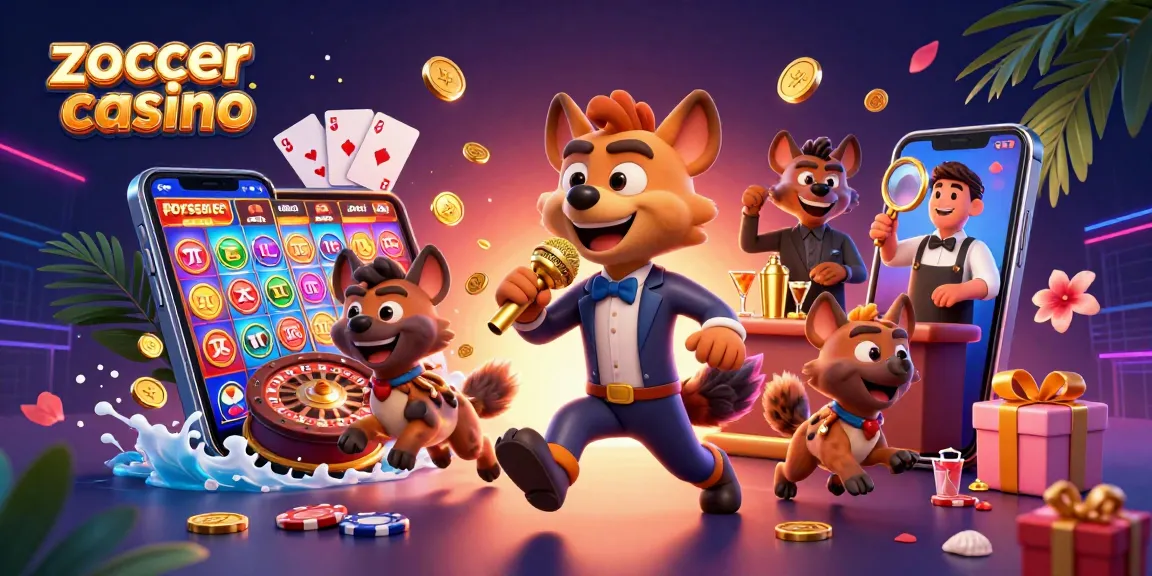 Engage in fun at zoccer casino with hyena characters in a vibrant comedy club scene.