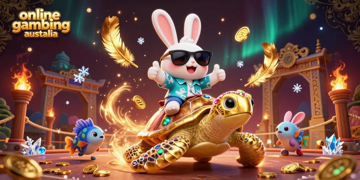 Experience online gambling Australia with a lively scene featuring a lucky rabbit and golden turtle amidst vibrant casino elements.